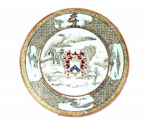 Inventory:  Chinese Export Porcelain, 18th-century Yongzheng Chinese Export Porcelain Plate with Arms of Elwick of Middlesex, $7,500