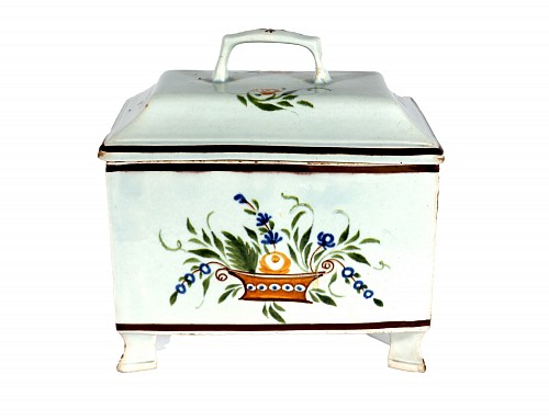 Inventory:  Pearlware, Swansea Prattware Pearlware Pottery Covered Botanical Double Tea Caddy Box, 1800-20, $2,000
