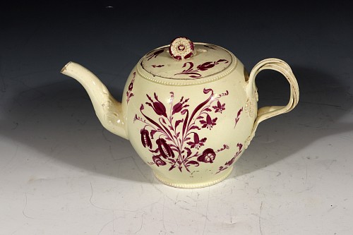 Inventory:  Creamware Pottery, English Creamware Large Teapot with Puce Flower Painted Decoration, 1770, $1,950