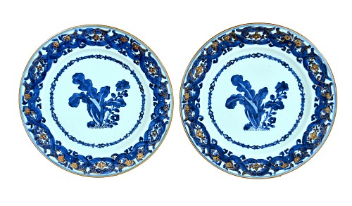 Chinese Export Porcelain Chinese Export Porcelain Blue and White Porcelain Plates after Maria Sybille Merian, Probably from the Pronk Workshop, 1740-45 $3,500