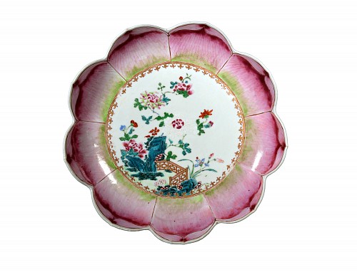 Inventory:  Chinese Export Porcelain, Chinese Export Porcelain Famille Rose Lotus Leaf Shaped Dish, 1765, $3,750