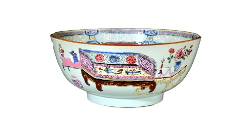 Inventory:  Chinese Export Porcelain, Chinese Export Porcelain Famille Rose Bowl with Precious Objects and Chinese Furniture, 1735-40, $7,500