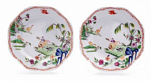 Inventory:  Miles Mason, English Porcelain Chinoiserie Bone China Plates, Boy & Buffalo Pattern, Miles Mason, Circa 1805, $1,500