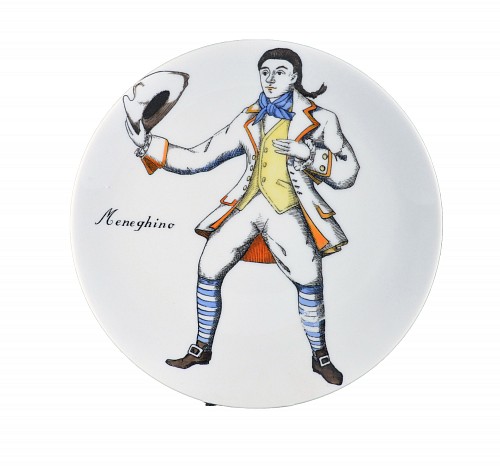 Piero Fornasetti Piero Fornasetti Porcelain Commedia Dell'arte Maschere Italiane Porcelain Plates, Italian Masks-A Set of Four, 1970s $2,200
