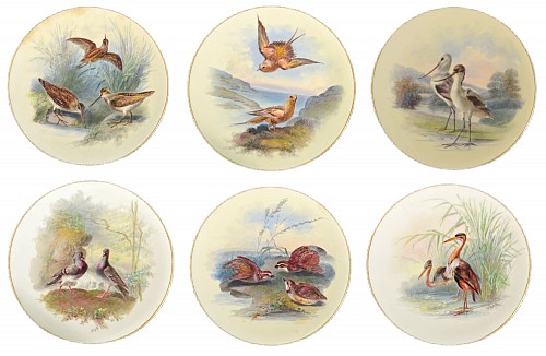 Inventory:  Minton Factory, Antique Minton Porcelain Cabinet Plates of Birds signed by William Mussil,  A Set of Six, Circa 1880, $1,500