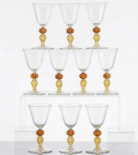 Inventory:  Murano Glass, Murano Set of Renaissance-inspired Art Glass Wine Glasses-Set of Ten, 1960s, $1,850