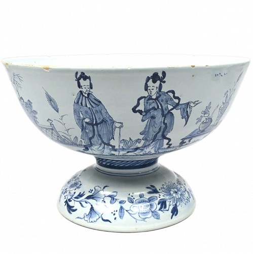 British Delftware 18th-century English Delft Blue and White Chinoiserie Pedestal Punch Bowl, Attributed to Bristol, 1740-50 SOLD &bull;