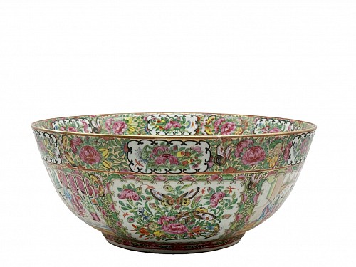 Inventory:  Chinese Export Porcelain, Chinese Export Porcelain Rose Medallion Large Punch Bowl, Mid-19th Century, $3,750