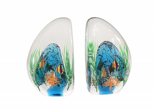Inventory:  Vintage, Art Glass Zellique Studios Coral Reef Blown and Molded Aquarium Bookends, Dated 2000, SOLD &bull;