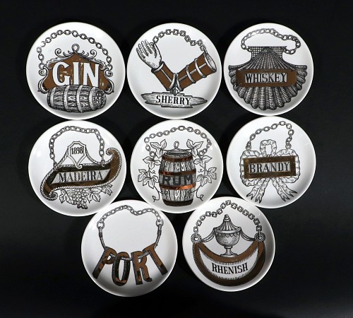 Inventory:  Piero Fornasetti, Piero Fornasetti Wine & Liquor Coasters, Vini E Liquori Pattern, 1960s, $1,250