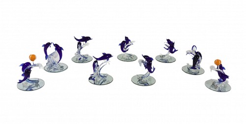 Mid-century Modern Vintage Italian Murano Glass Dolphin Figures-A Set of Seven, 1970s $250