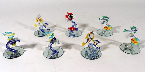 Inventory:  Mid-century Modern, Vintage Italian Murano Glass Fish Figures-A Set of Seven, 1970s, $250