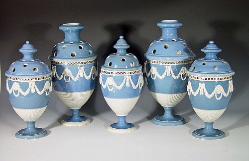 A Garniture of Five British Pale Blue Pearlware Vases, Possibly John Wood, Brownfield, Circa 1790 SOLD &bull;