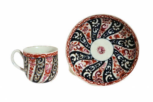 Inventory:  First Period Worcester Porcelain, First Period Worcester Porcelain Queen Charlotte Pattern Coffee Cup and Saucer, 1775, $950