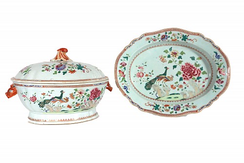 Inventory:  Chinese Export Porcelain, 18th-century Chinese Export Porcelain Double Peacock Pattern Soup Tureen, Cover & Stand, 1765, $12,500