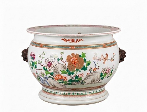 Chinese Export Porcelain Chinese Export Porcelain Famille Rose Fish Bowl decorated with Birds, Garden and Tree Peonies, 1765