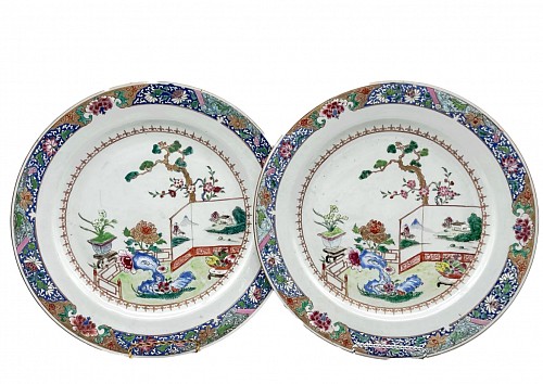 Chinese Export Porcelain Pair of Chinese Export Porcelain Famille Rose &acirc;Garden&acirc; Dishes, 1750-65