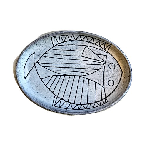 Inventory:  Mid-century Modern, Mid-century Modern Jacques Pouchain Large Oval Platter with Stylized Fish Motif, 1960s, $1,250