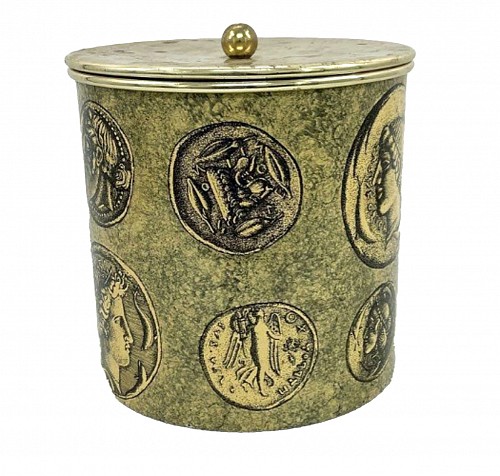 Inventory:  Piero Fornasetti, Mid-century Modern Piero Fornasetti Ice Bucket & Cover with Coin Design, 1950s-60s, $1,850