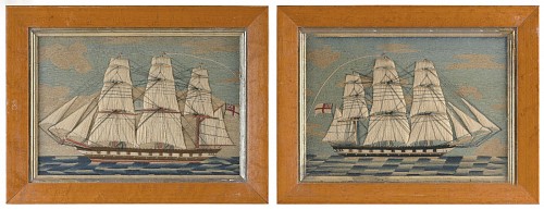 Sailor's Woolwork Nautical Folk Art: Rare Pair of British Sailors' Woolworks, 1860-70 $15,000