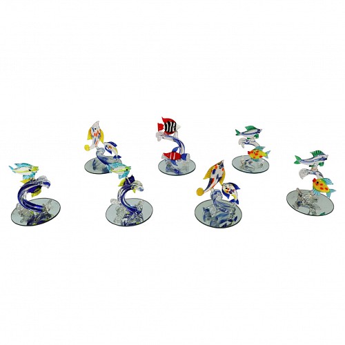 Inventory:  Mid-century Modern, Vintage Italian Murano Blown Glass Fish Figures-A Set of Seven, 1970s, $250