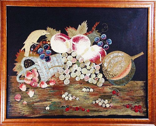 Inventory: Fine British Feltwork Applique of Fruit and Parrot, Circa 1850, SOLD &bull;