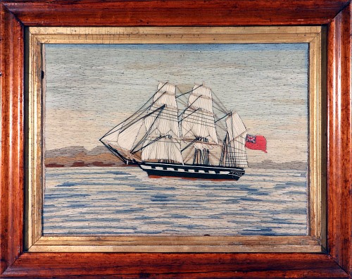 Inventory:  Sailor's Woolwork, British Sailor's Woolwork of a Royal Navy Ship With Red Ensign, 1865, SOLD &bull;
