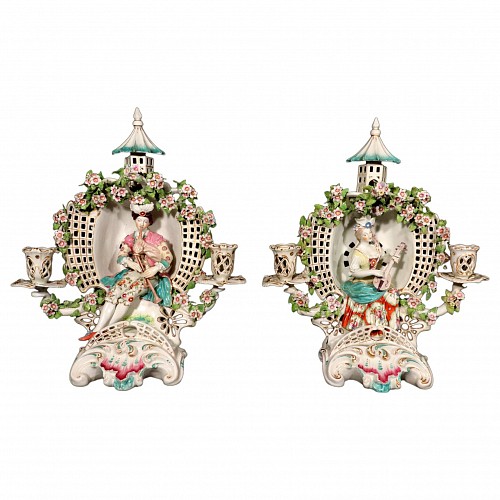 Inventory:  Derby Factory, 18th-century Derby Porcelain Arbor Musician Candelabra with bagpipes and Mandolin, a Pair, 1765-70, $9,850