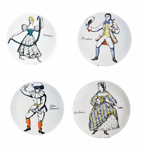 Inventory:  Piero Fornasetti, Piero Fornasetti Porcelain Commedia Dell'arte Maschere Italiane Porcelain Plates, Italian Masks-A Set of Four, 1970s, $2,200