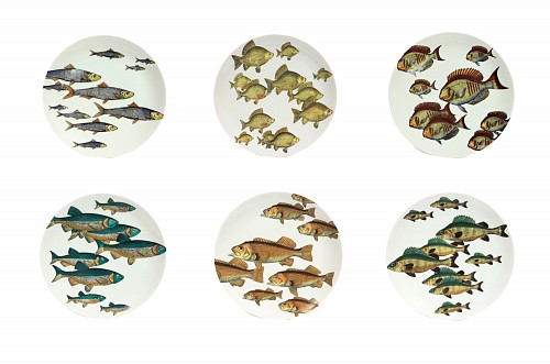 Inventory:  Piero Fornasetti, Piero Fornasetti "Pesci" Porcelain Plates, Set of Six Plates- School of Fish, 1970-80s, $3,750