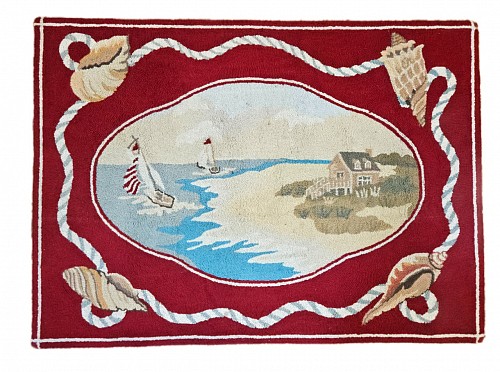 Mid-century Modern Claire Murray Design Hand-Hooked Wool Rug, Coastal Scene with Sailboats and Seashells
Late 20th century, 1990s $300