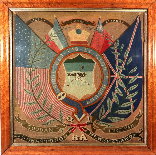 Inventory:  Sailor's Woolwork, British Soldier's Woolwork of the Royal Artillery with American Flag and Campaign Honors, 1885-1890, $4,200