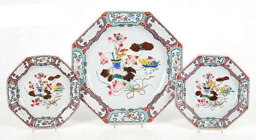 Chinese Export Porcelain Chinese Export Famille Rose Octagonal Dish & Pair of Plates with Lotus Bouquet, 1740 $3,750