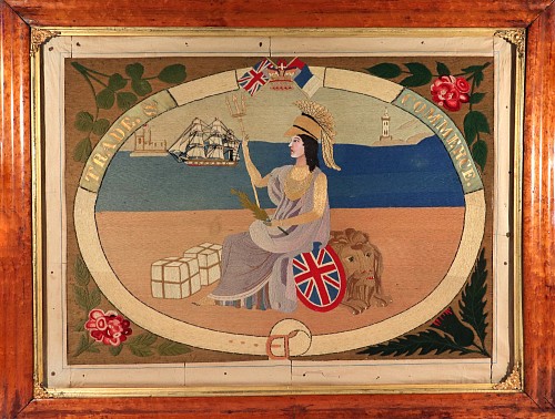 Sailor's Woolwork Large Sailor's Woolwork of Britannia with Ships Celebrating Trade and Commerce, 1875-85 $11,000