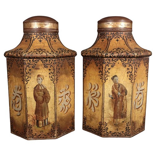 Inventory:  British Furniture, Chinoiserie T&Atilde;&acute;le Large Tea Canisters with Chinese Figures and a Chocolate Brown ground, 1840-80c, $4,250