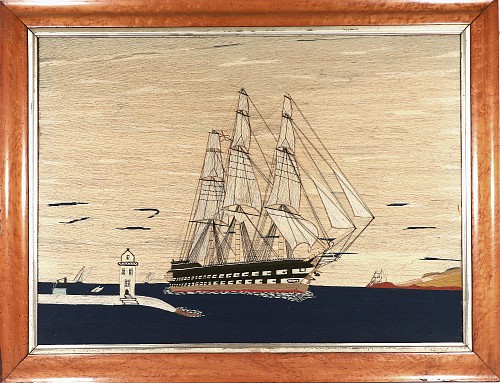 Inventory:  Sailor's Woolwork, British Sailor&acirc;s Woolwork of a Second Rate Ship of the Line Entering Port, 1865, $9,500