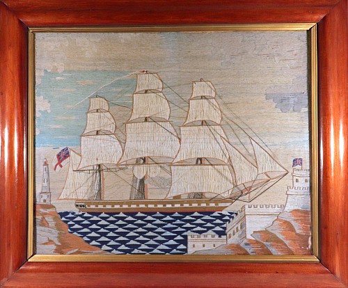 Inventory:  Sailor's Woolwork, British Sailor's Woolwork depicting a Royal Navy Ship With Striking Sea and of large size, 1865-75, SOLD &bull;