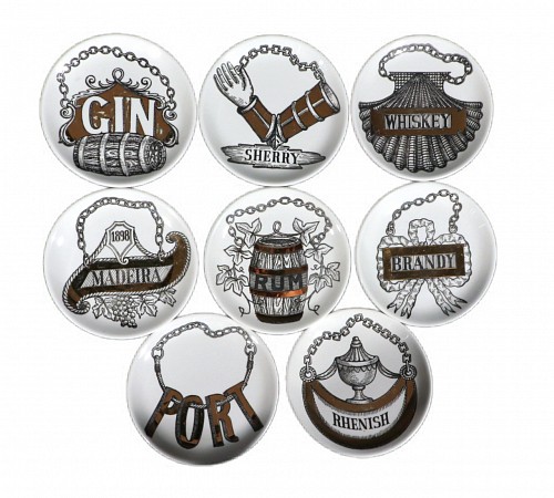 Piero Fornasetti Piero Fornasetti Ceramic Wine & Liquor Coasters, Vini E Liquori Pattern, 1960s $1,250