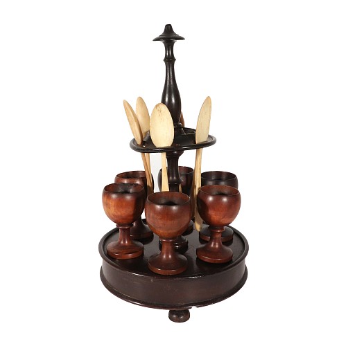 English Treen Egg Cup Holder with Bone Spoons, 1850-80 SOLD &bull;