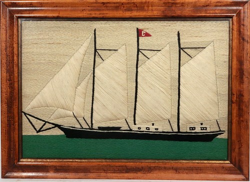 Sailor's Woolwork British Sailor's Woolwork of a Three-Masted Schooner Under Full Sail, 1890-1900 SOLD &bull;