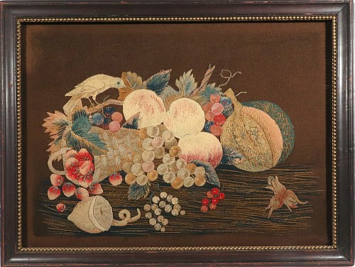 Folk Art Regency Wool and Silk Threadwork Picture: Still Life of Fruit with Bird r4g, 1830 SOLD &bull;
