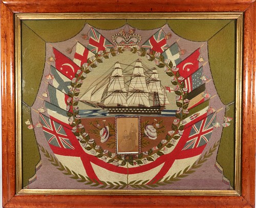 Sailor's Woolwork Sailor's Woolwork Picture, Royal Navy Ship and Flags of All Nations, 1865-75 SOLD &bull;