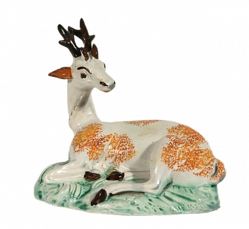 British Pottery English Staffordshire  Prattware Pottery Figure of a Stag, 1800-10 $650