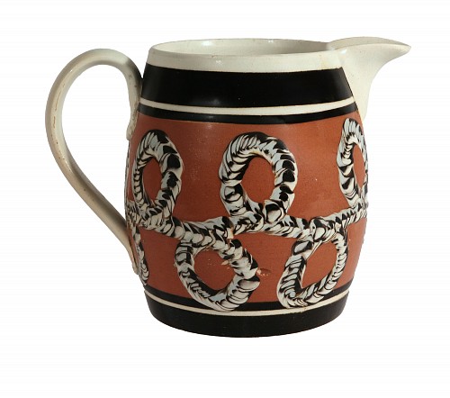 Inventory:  Mocha, Tri-Colored Earthworm: English Mochaware Jug, 1810, $1,250