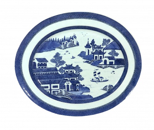 Inventory:  Chinese Export Porcelain, Chinese Export Porcelain Canton Large Blue & White Serving Dish, 1810-20, $1,800