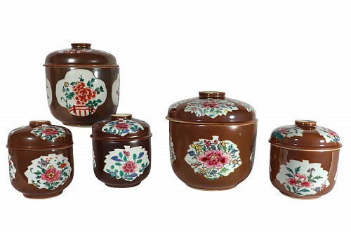 Inventory:  Chinese Export Porcelain, 18th-century Chinese Export Porcelain Group of Five Batavia-ware Urns & Covers, 1750s, $7,500