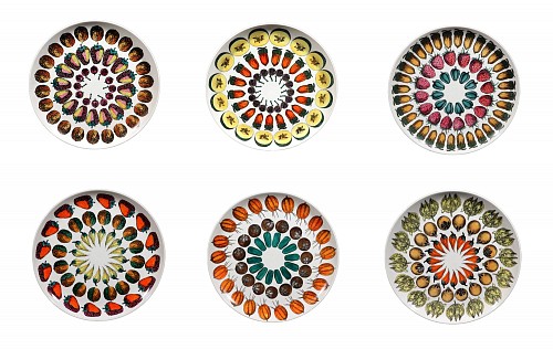Piero Fornasetti Piero Fornasetti Porcelain Plates, Giostra di Frutta (Merry-go-round of Fruit), Set of Six, 1950s $4,800