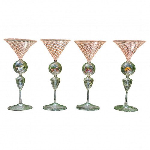 Bimini Glass Bimini Blown Glass Martini Cocktail Glasses with Animals- Set of Four, 1920s-30s $1,850