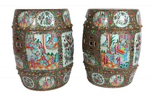 Inventory:  Chinese Export Porcelain, Chinese Export Rose Medallion Garden Seats- A Pair, 1860, $12,500