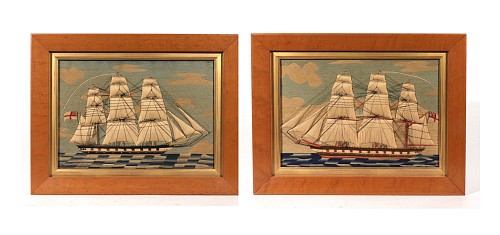 Sailor's Woolwork Nautical Folk Art: Rare Pair of British Sailors' Woolworks, 1860-70 SOLD &bull;